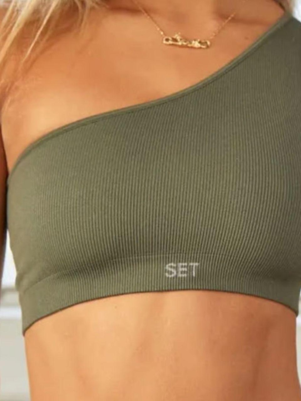 SET Active One-Shoulder Ribbed Crop Top in Olive Green and Ribbed Leggings